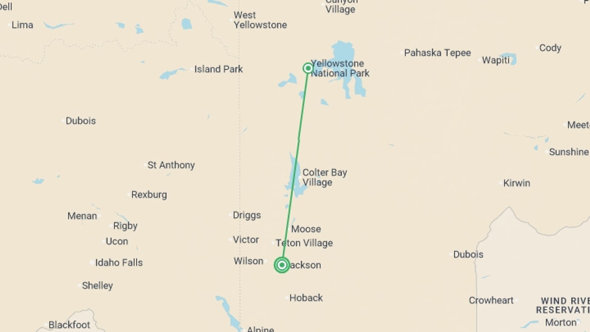 A map showing the tour itinerary for the trip: Journeys: Iconic Wildlife of Yellowstone and Grand Teton, starting in Jackson, USA and ending in Jackson, USA going through 1 other destinations.