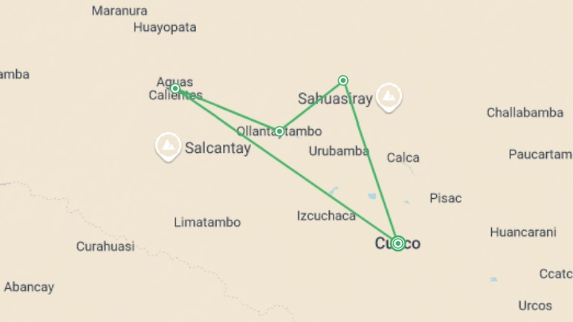 A map showing the tour itinerary for the trip: Ultimate Inca Trail Trek to Machu Picchu 4D/3N, starting in Cusco, Peru and ending in Cusco, Peru going through 4 other destinations.