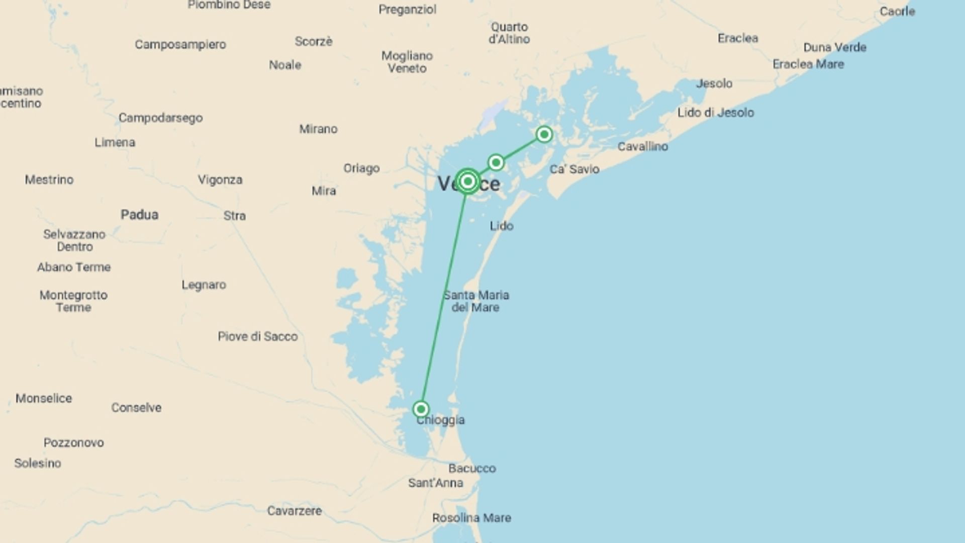 A map showing the tour itinerary for the trip: Christmas in Venice (port-to-port cruise), starting in Venice, Italy and ending in Venice, Italy going through 0 other destinations.