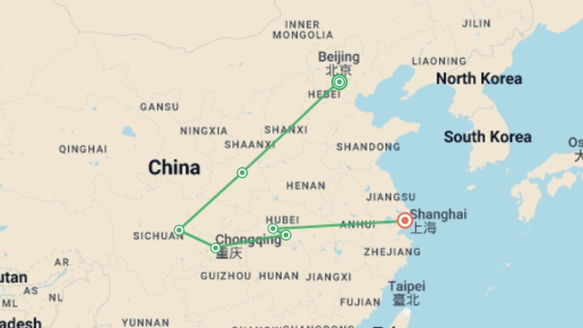 A map showing the tour itinerary for the trip: Grand Tour Of China, starting in Beijing, China and ending in Shanghai, China going through 4 other destinations.
