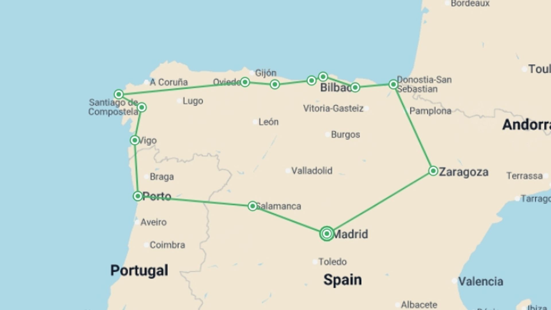 A map showing the tour itinerary for the trip: Northern Spain Explorer - 8 days, starting in Madrid, Spain and ending in Madrid, Spain going through 6 other destinations.