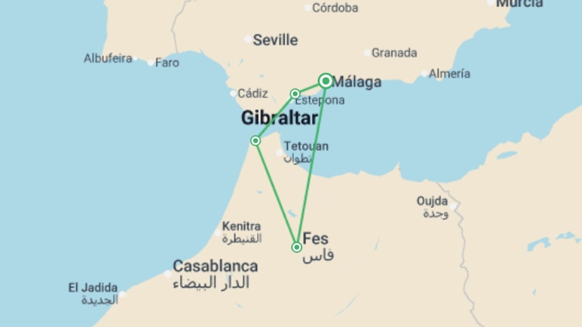 A map showing the tour itinerary for the trip: Morocco Flash, 4 Days From Costa Del Sol (c-3040), starting in Malaga, Spain and ending in Malaga, Spain going through 3 other destinations.