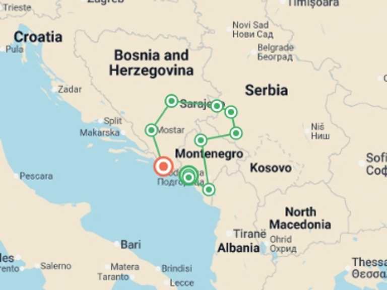 Map itinerary of Mediterranean Tour in Summer with 11 destination visits for the trip: Journey Through the Balkans