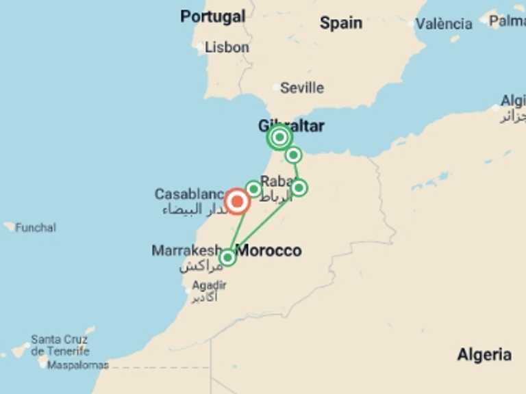 Map itinerary of Mediterranean Tour in July 2026 with 5 destination visits for the trip: Signature Morocco: A Small Group Discovery
