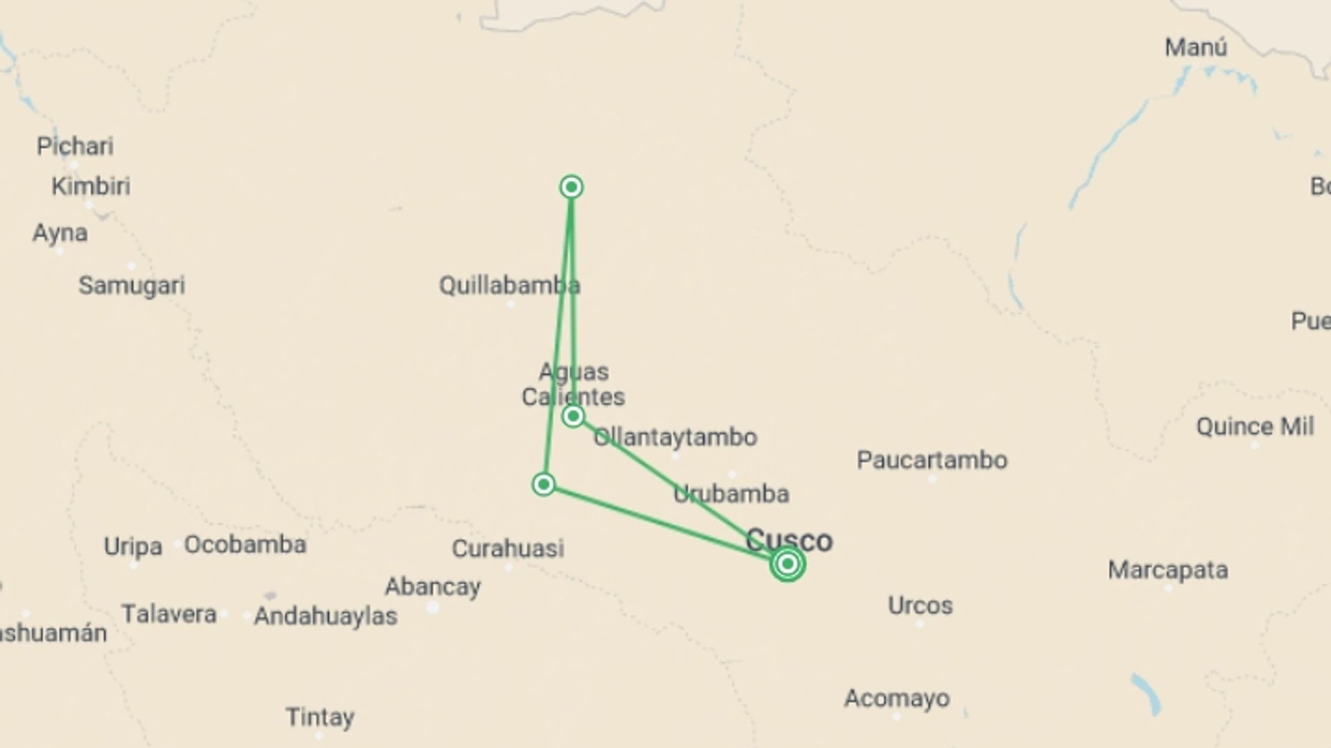 A map showing the tour itinerary for the trip: Salkantay Trek & Machu Picchu, starting in Cusco, Peru and ending in Cusco, Peru going through 5 other destinations.