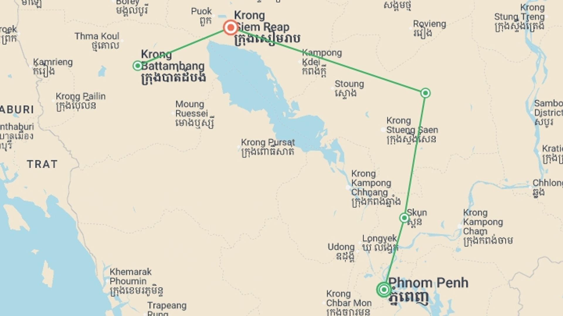 A map showing the tour itinerary for the trip: Captivating Cambodia - 9 days, starting in Phnom Penh, Cambodia and ending in Siem Reap, Cambodia going through 2 other destinations.