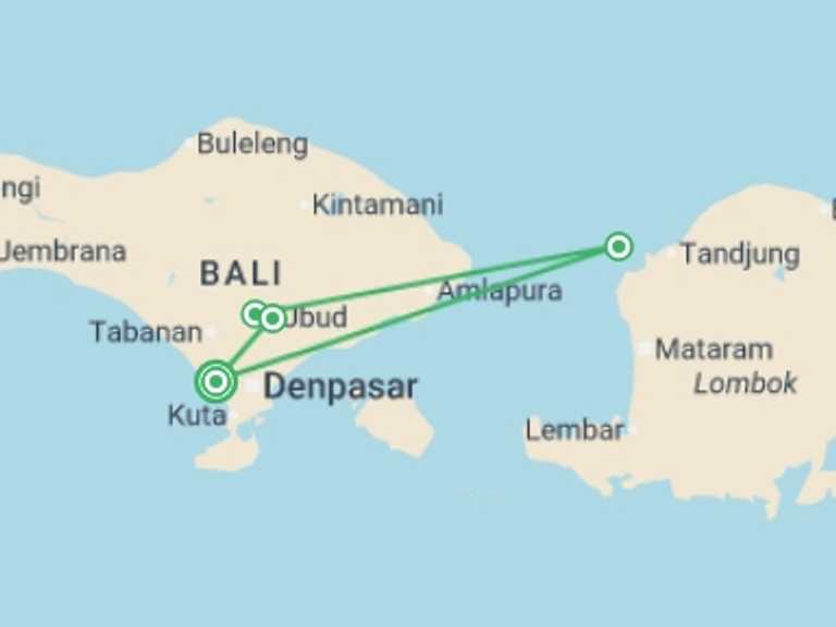 Map of Indonesia Tour with 4 destination visits for the trip: Delve Deep: Bali & The Gili Islands