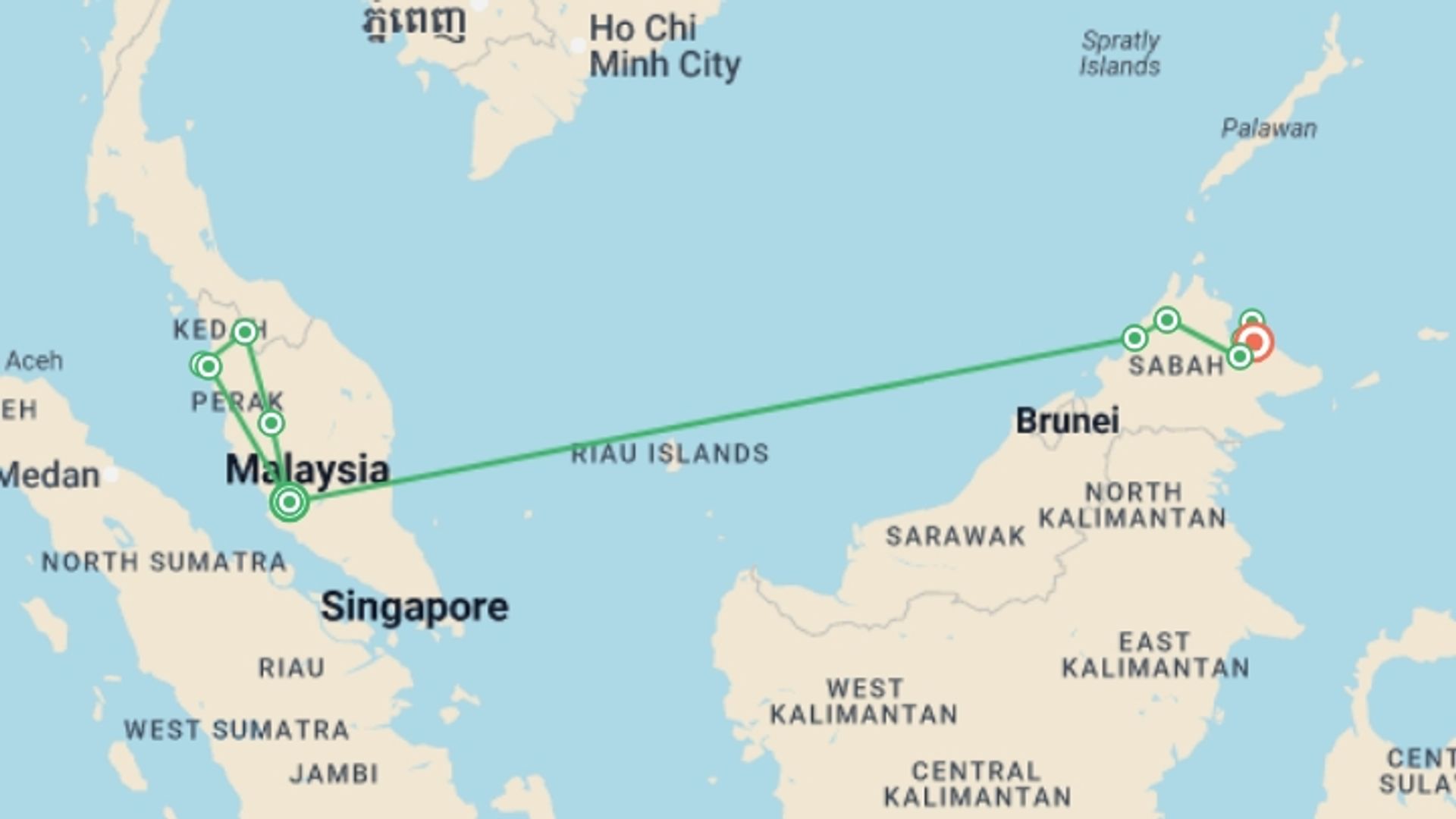 A map showing the tour itinerary for the trip: Malaysia's Ultimate Adventure, starting in Kuala Lumpur, Malaysia and ending in Sandakan, Malaysia going through 9 other destinations.