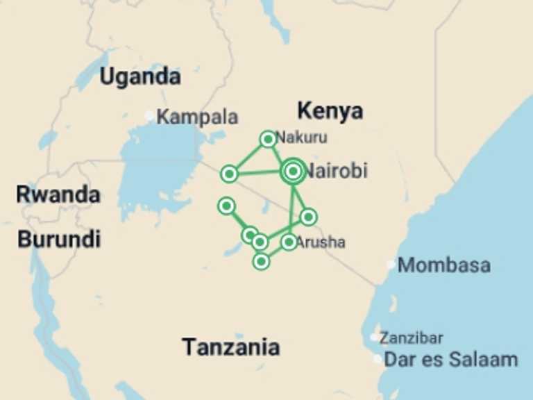 Map itinerary of Africa Tour in May 2026 with 8 destination visits for the trip: East African Explorer, Zebra Plains And Serena Lodges (multi Country)