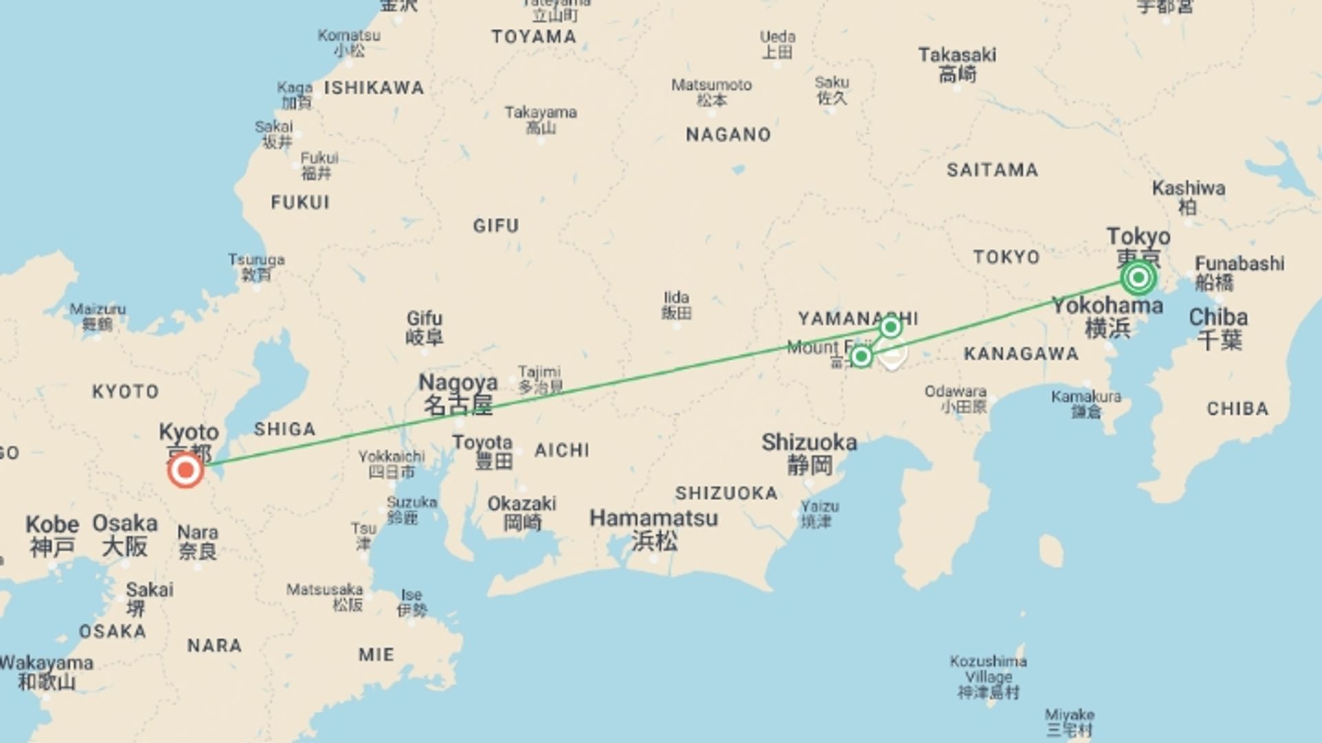 A map showing the tour itinerary for the trip: Japan Express, starting in Tokyo, Japan and ending in Kyoto, Japan going through 2 other destinations.