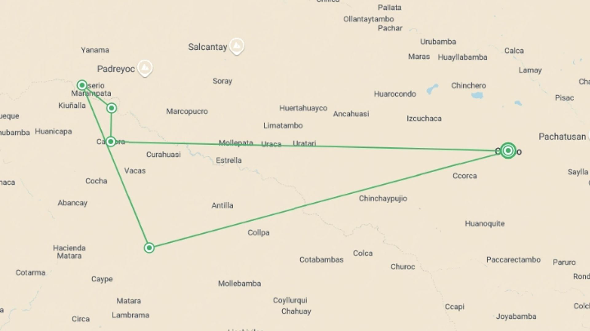 A map showing the tour itinerary for the trip: Choquequirao Trek 4D/3N, starting in Cusco, Peru and ending in Cusco, Peru going through 3 other destinations.