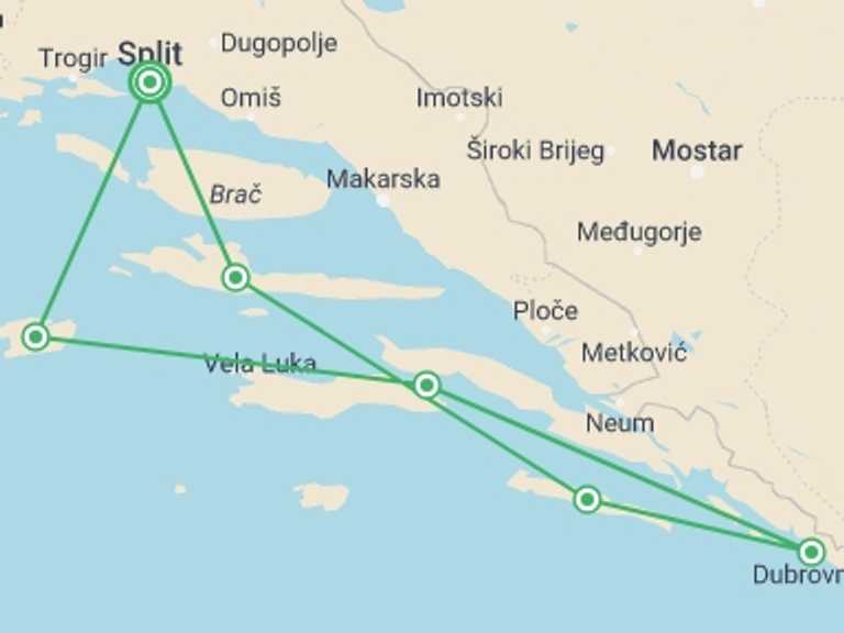 Map of Balkans Tour with 6 destination visits for the trip: Delightful Dalmatia Cruise, 8 Days On Deluxe Yacht