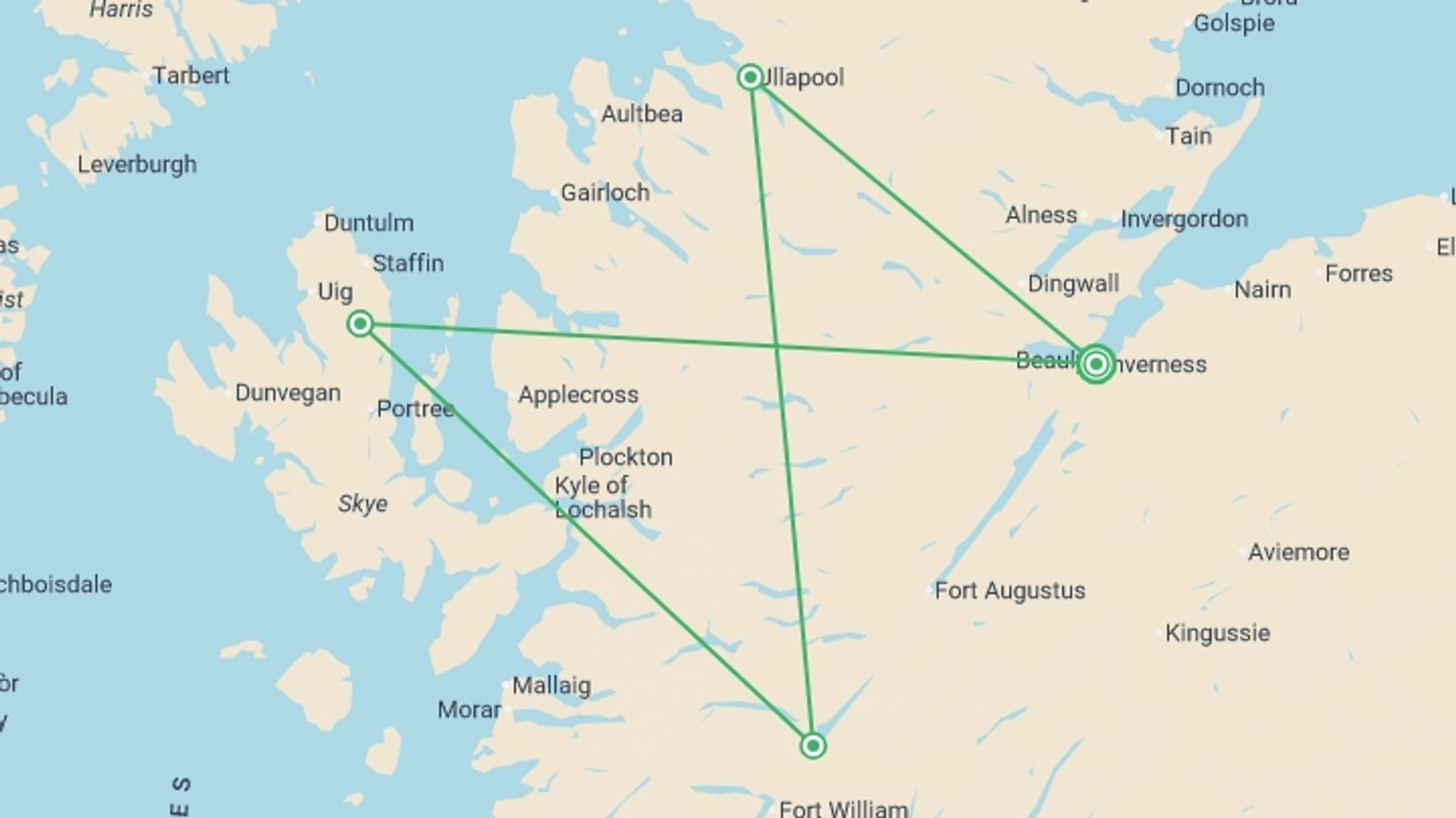A map showing the tour itinerary for the trip: Walk the North West Highlands and Skye, starting in Inverness, Scotland and ending in Inverness, Scotland going through 3 other destinations.