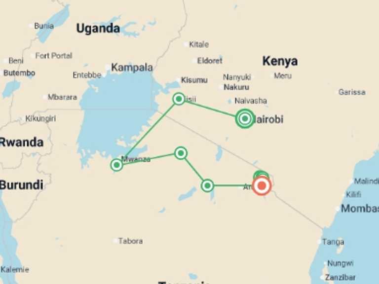 Map of a Adventure and sport Tour with 12 destination visits for the trip: Safari to Kilimanjaro - Machame Route