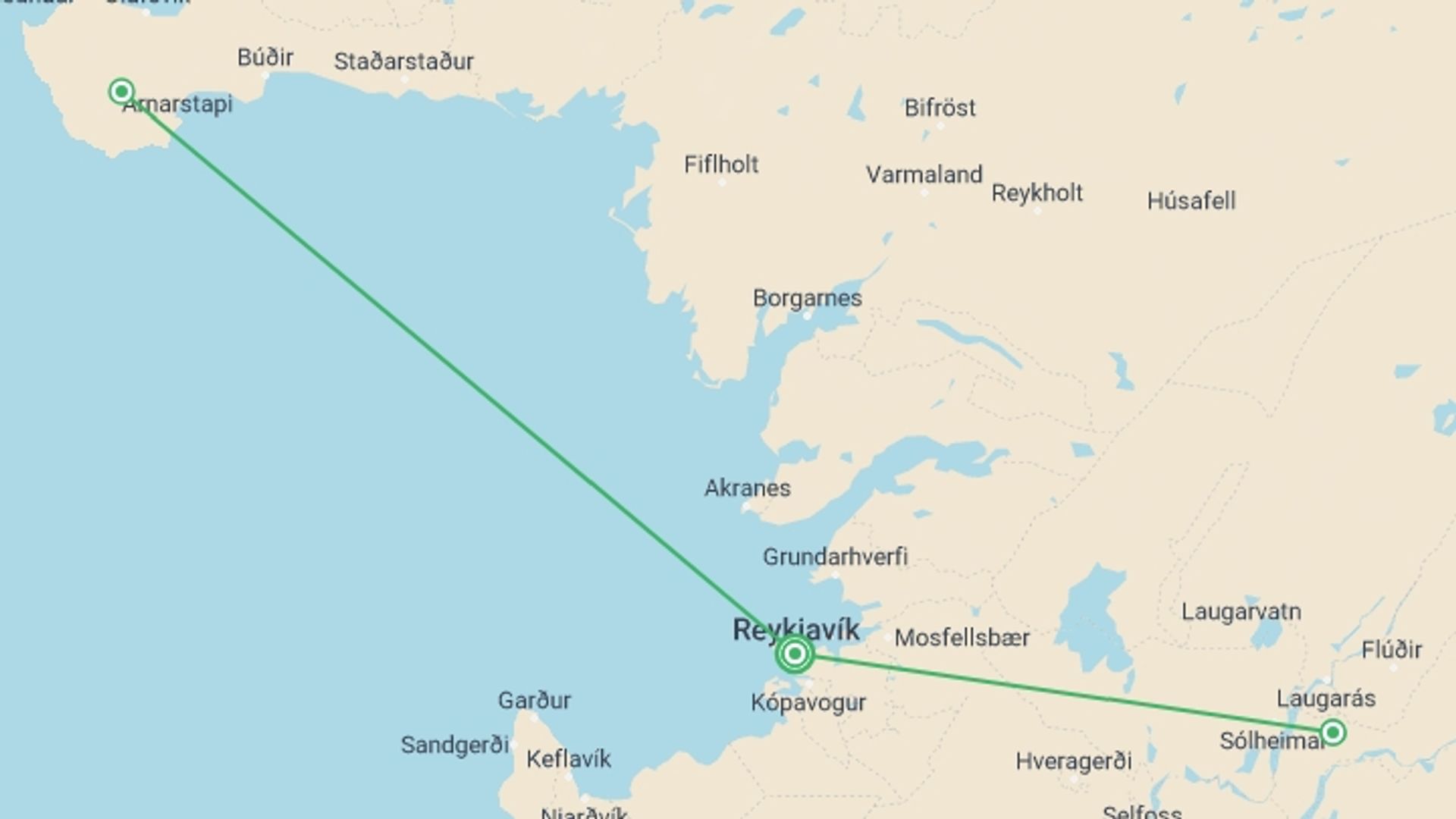 A map showing the tour itinerary for the trip: Iceland Adventure: Northern Lights & Snæfellsnes Peninsula, starting in Reykjavik, Iceland and ending in Reykjavik, Iceland going through 2 other destinations.