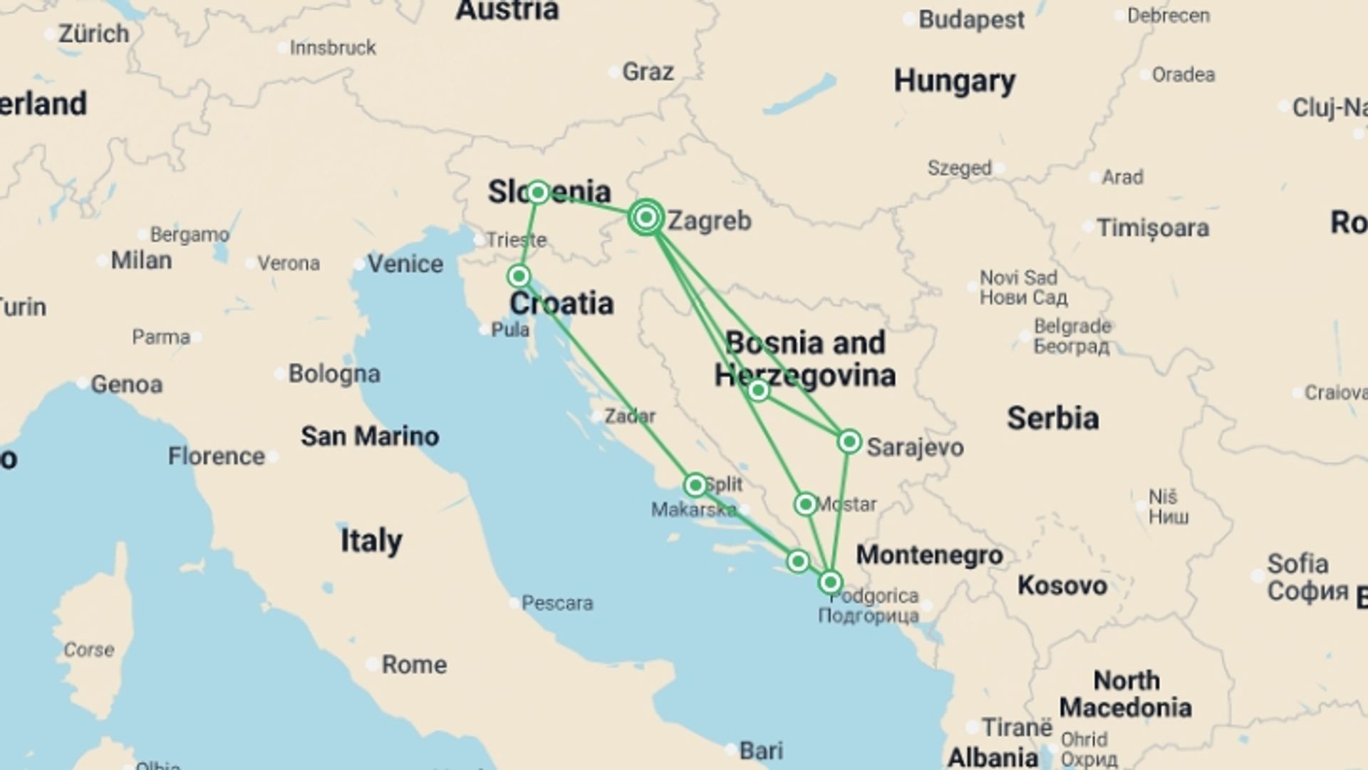 A map showing the tour itinerary for the trip: Croatia, Bosnia and Slovenia, starting in Zagreb, Croatia and ending in Zagreb, Croatia going through 5 other destinations.