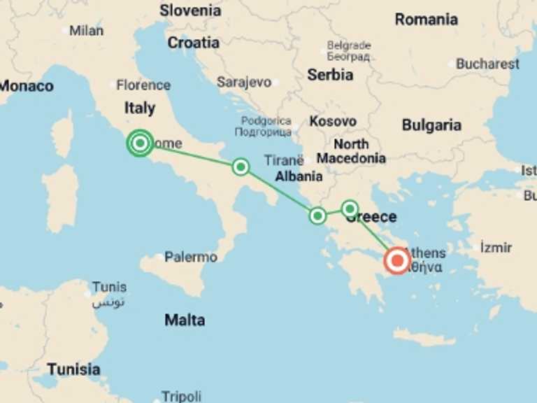 Map itinerary of Mediterranean Tour in February 2027 with 5 destination visits for the trip: Rome, Puglia and Meteoras