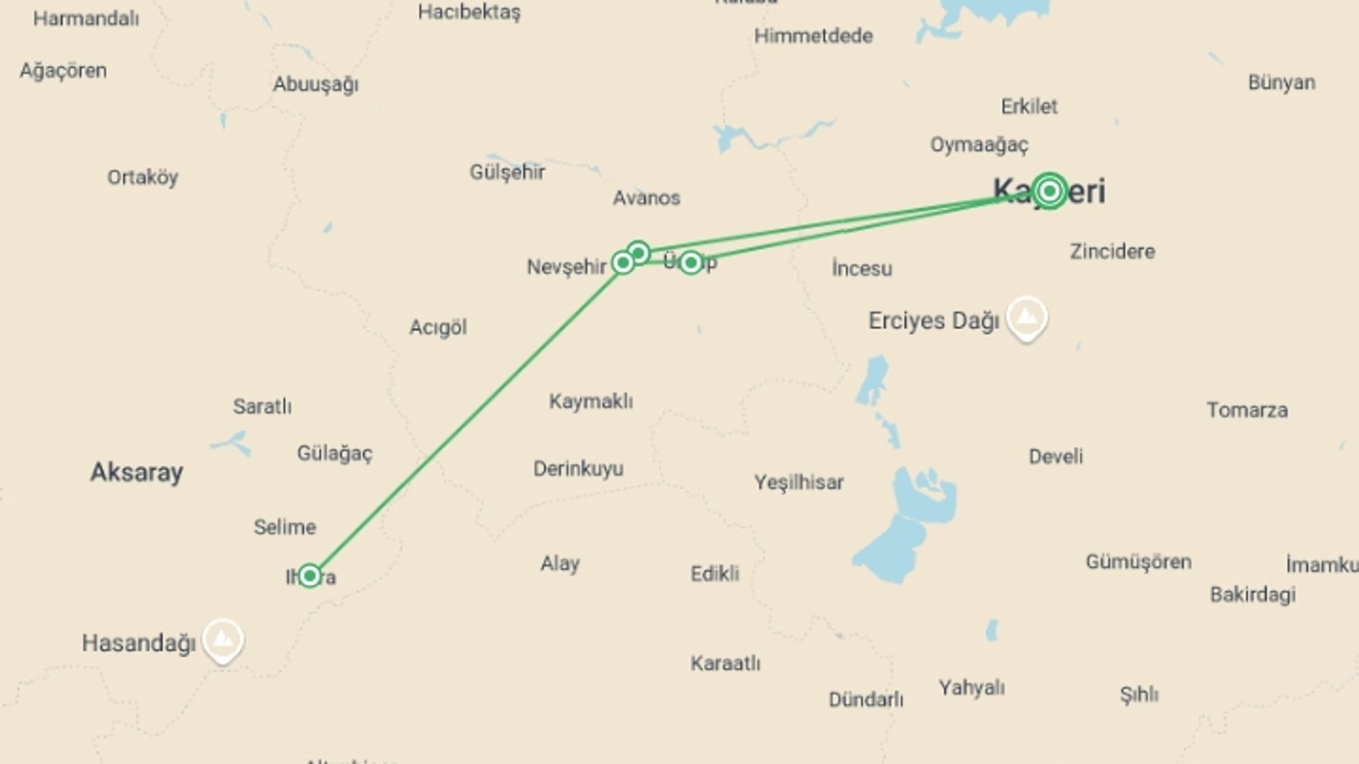 A map showing the tour itinerary for the trip: Cappadocia Guided Walk, starting in Kayseri, Turkey and ending in Kayseri, Turkey going through 4 other destinations.