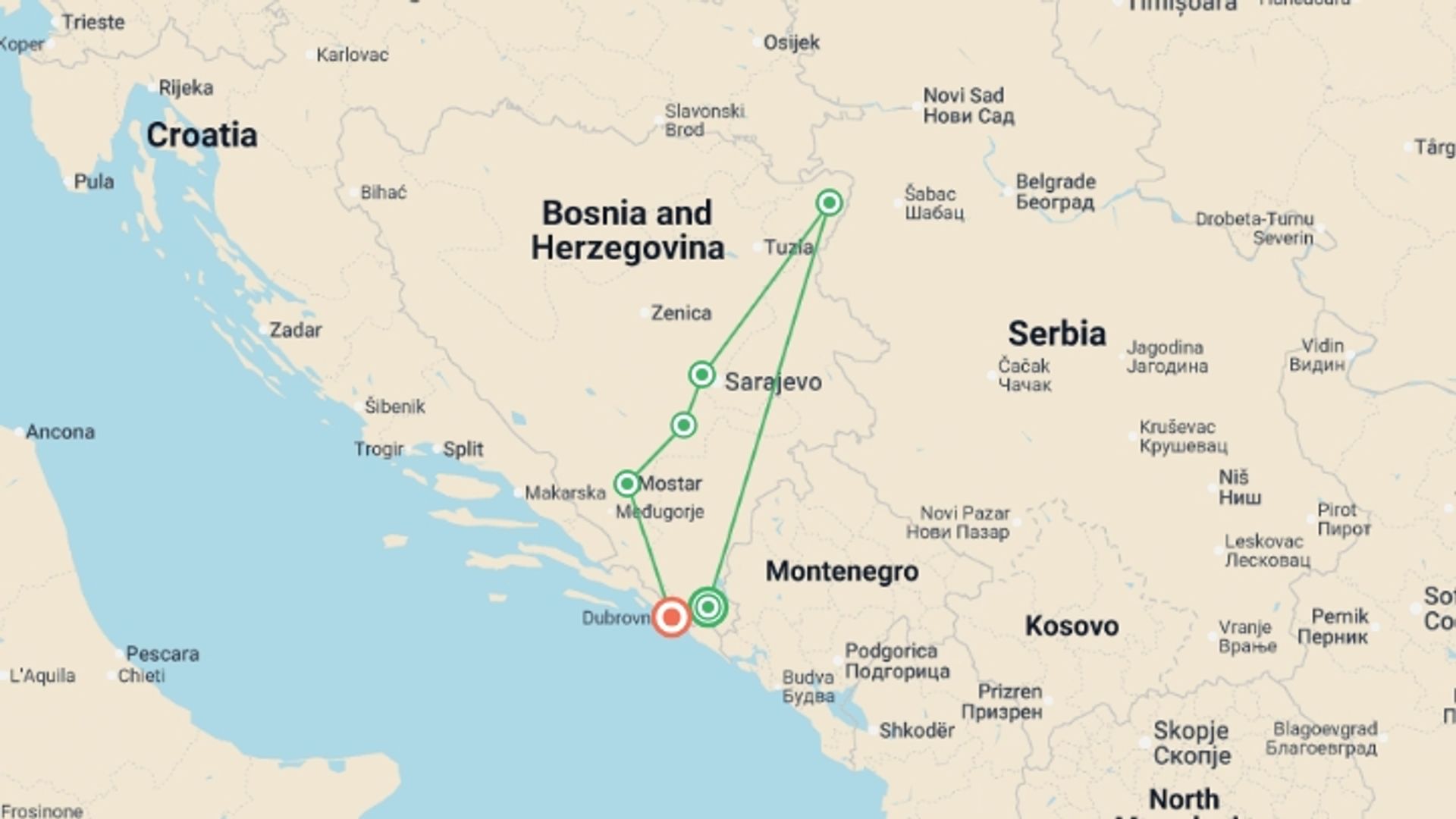 A map showing the tour itinerary for the trip: Walking in Bosnia & Herzegovina, starting in Trebinje, Bosnia Herzegovina and ending in Dubrovnik, Croatia going through 4 other destinations.