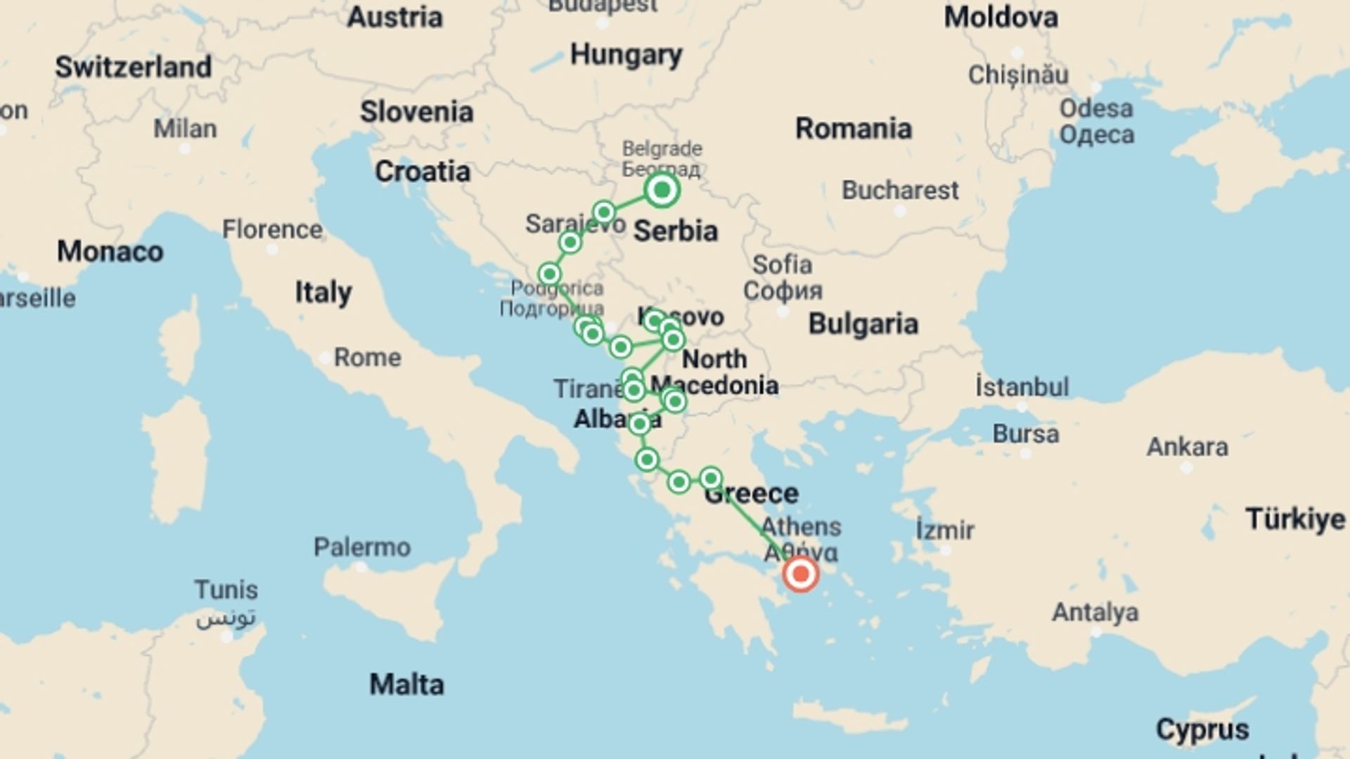 A map showing the tour itinerary for the trip: Small Group Balkans Tour; Belgrade - Athens/Corfu 14 Days, starting in Belgrade, Serbia and ending in Athens, Greece going through 14 other destinations.