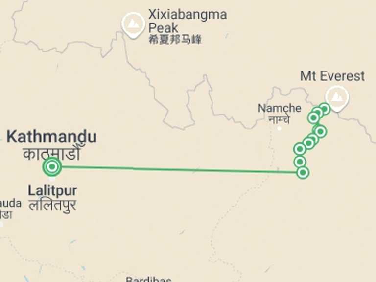 Map of 14-Day Everest Base Camp trek Tour with 9 destination visits for the trip: Everest Base Camp Trek