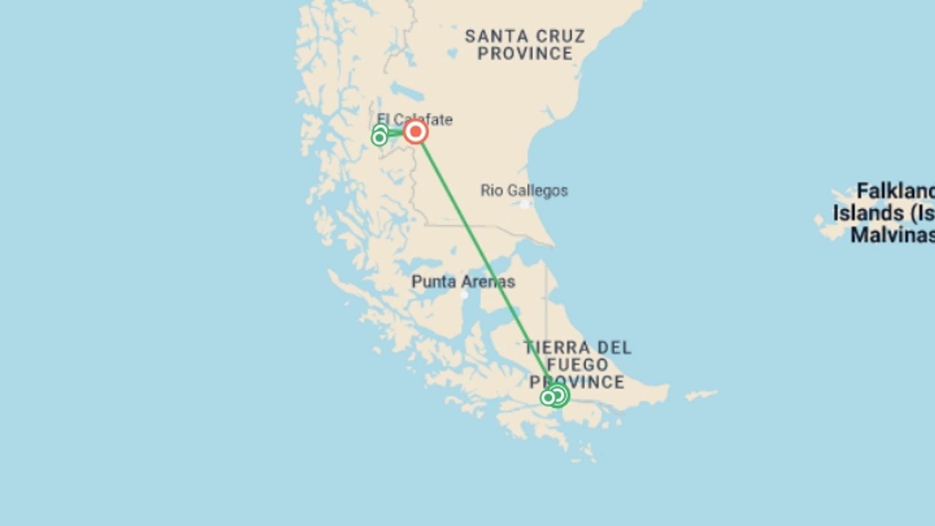 A map showing the tour itinerary for the trip: Ushuaia & El Calafate Tour, starting in Ushuaia, Argentina and ending in El Calafate, Argentina going through 2 other destinations.