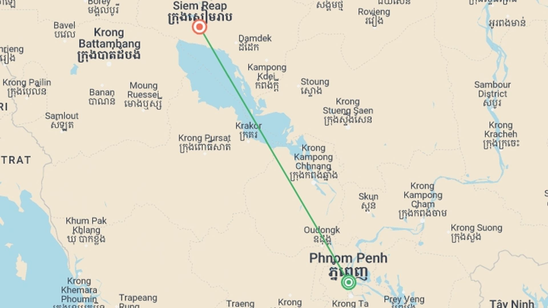 A map showing the tour itinerary for the trip: Premium Cambodia, starting in Phnom Penh, Cambodia and ending in Siem Reap, Cambodia going through 0 other destinations.