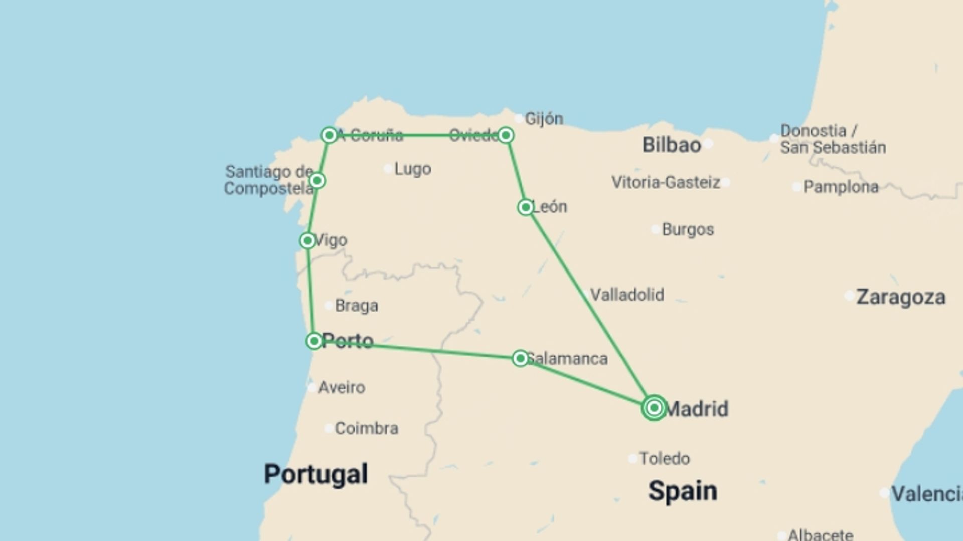 A map showing the tour itinerary for the trip: 6 Day Asturias & Galicia Guided Tour From Madrid (c-261), starting in Madrid, Spain and ending in Madrid, Spain going through 4 other destinations.