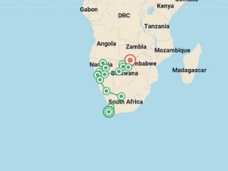 Map itinerary of Africa Tour in August 2026 with 16 destination visits for the trip: Cape Town to Victoria Falls Overland Safari & Participation Camping