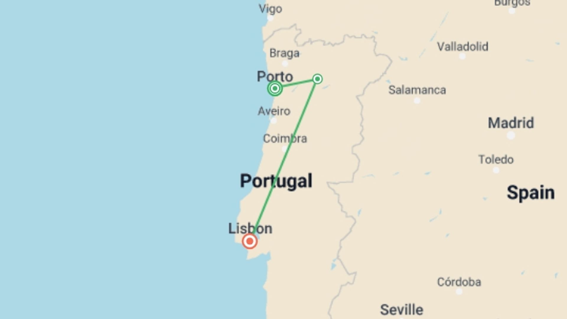 A map showing the tour itinerary for the trip: Treasures of Portugal - 8 Days, starting in Porto, Portugal and ending in Lisbon, Portugal going through 3 other destinations.