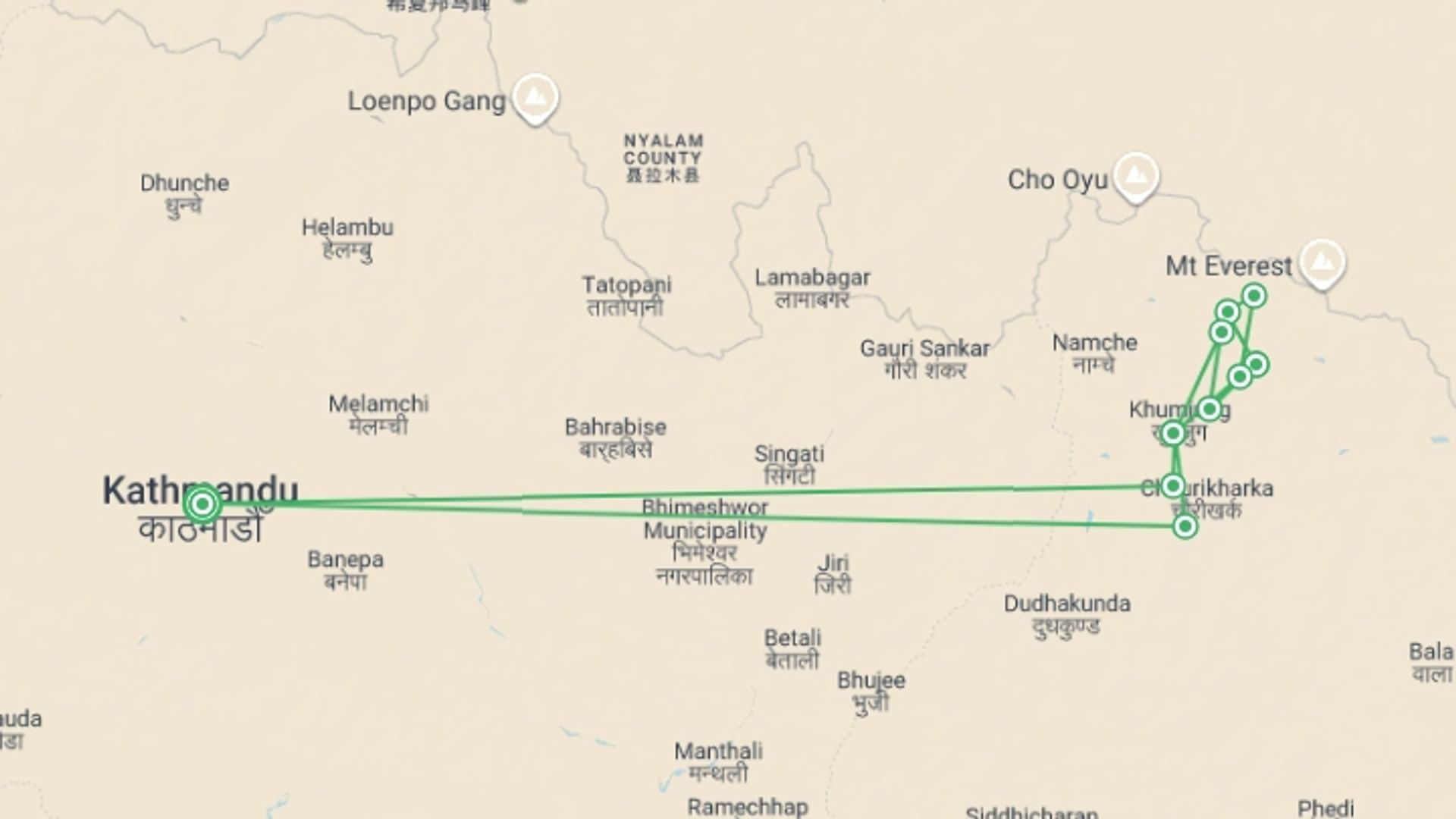 A map showing the tour itinerary for the trip: Epic Everest Base Camp Trek, starting in Kathmandu, Nepal and ending in Kathmandu, Nepal going through 9 other destinations.