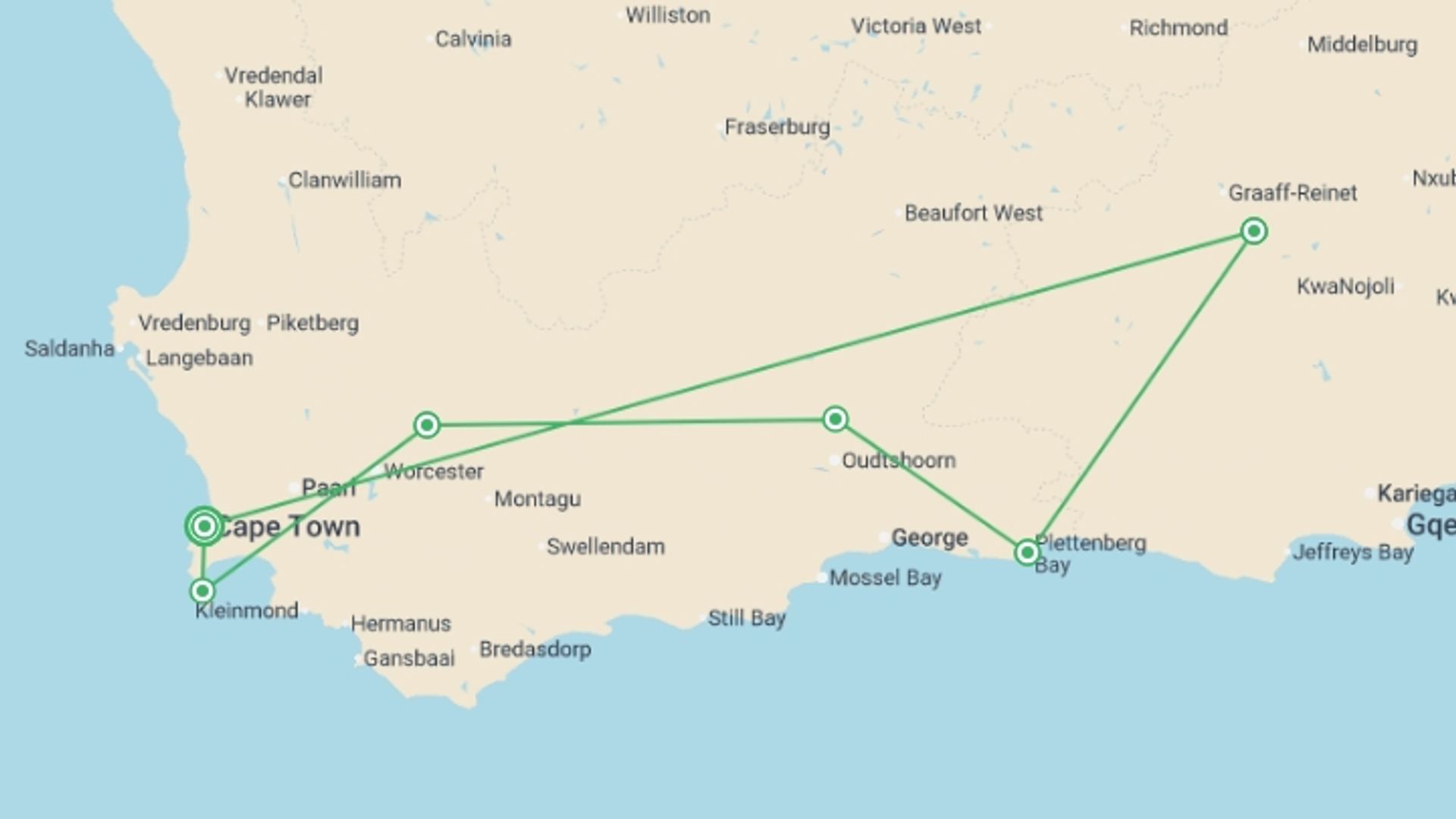 A map showing the tour itinerary for the trip: Best of the Garden Route - Premium Adventure, starting in Cape Town, South Africa and ending in Cape Town, South Africa going through 5 other destinations.