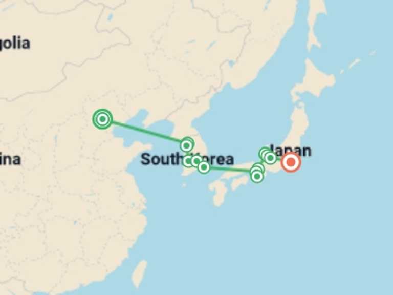Map of Beijing City sightseeing Tour with 10 destination visits for the trip: Beijing, Korea, and Traditional Japan