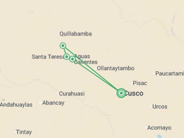 Map of a Skiing and Snowboarding Tour with 4 destination visits for the trip: Inca Jungle Backpacker Trek to Machu Picchu 4D/3N