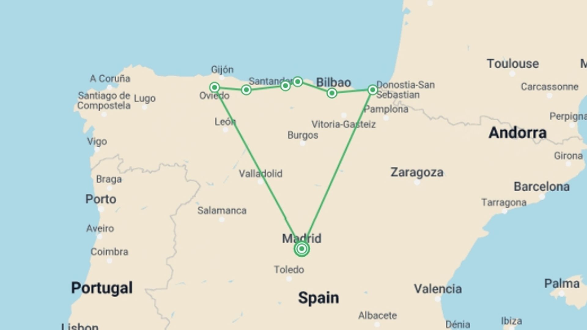A map showing the tour itinerary for the trip: 4-day Guided Tour Basque Country And Oviedo From Madrid, starting in Zaragoza, Spain and ending in Zaragoza, Spain going through 4 other destinations.