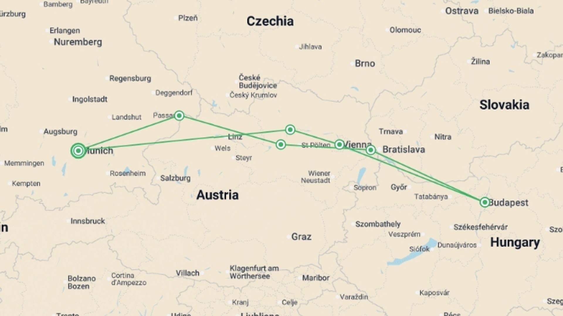 A map showing the tour itinerary for the trip: Imperial Danube - FIDELIO Superior, starting in Munich, Germany and ending in Munich, Germany going through 6 other destinations.