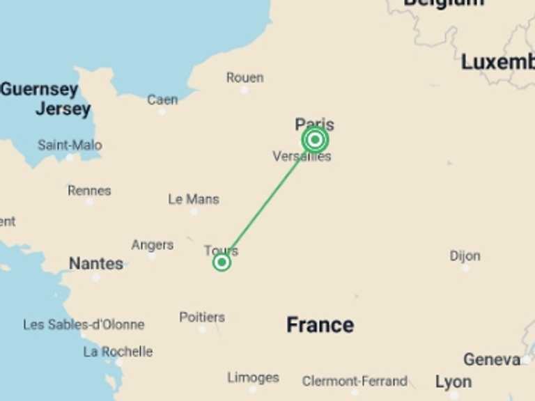 Map of Europe Tour with 2 destination visits for the trip: Wonders of Paris, Normandy and Tours Self Drive