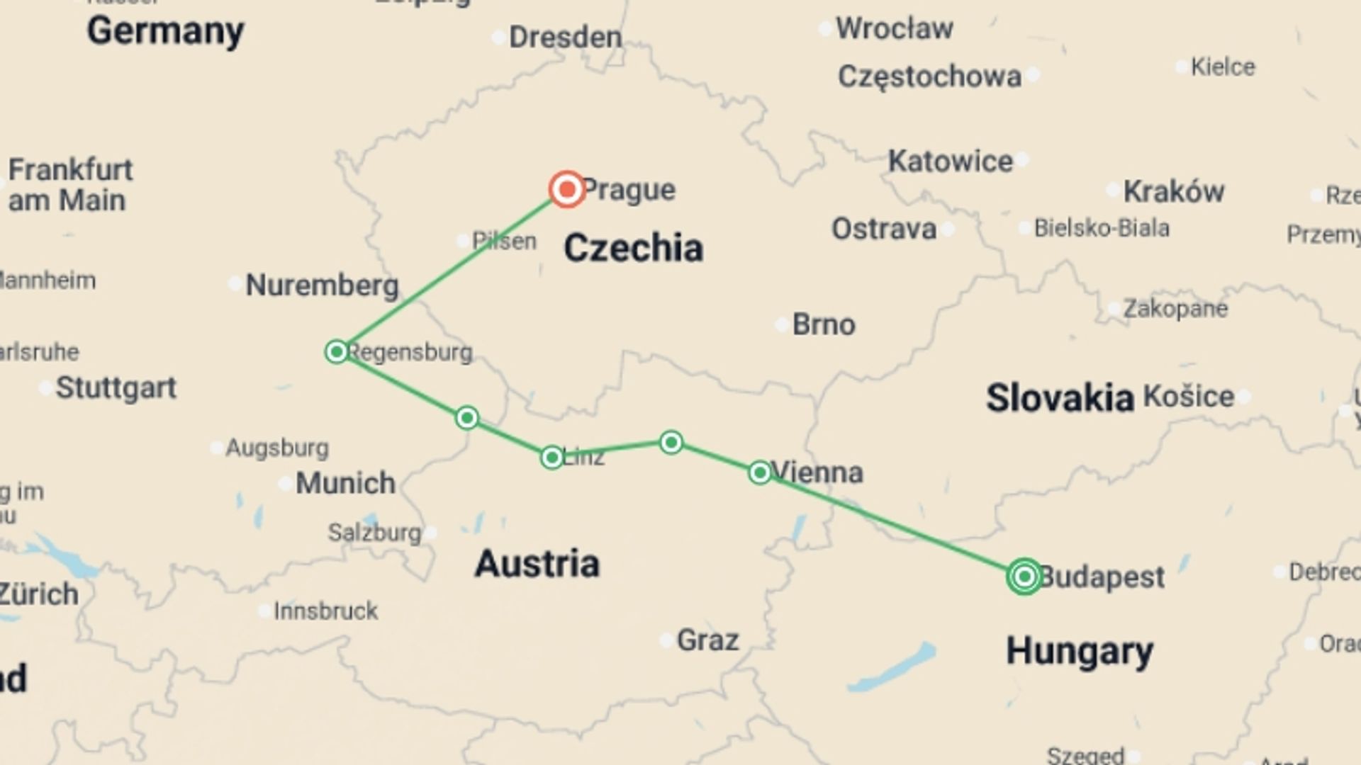 A map showing the tour itinerary for the trip: Delightful Danube & Prague (2026), starting in Budapest, Hungary and ending in Prague, Czech Republic going through 0 other destinations.