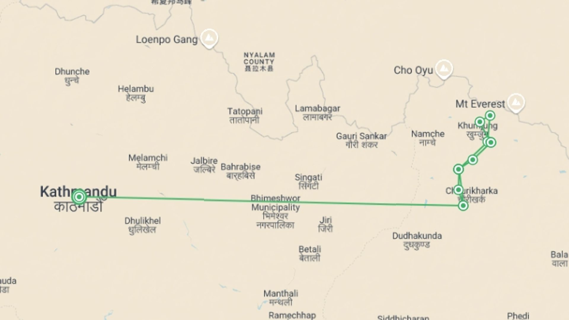 A map showing the tour itinerary for the trip: Classic Everest Base Camp Trek, starting in Kathmandu, Nepal and ending in Kathmandu, Nepal going through 9 other destinations.