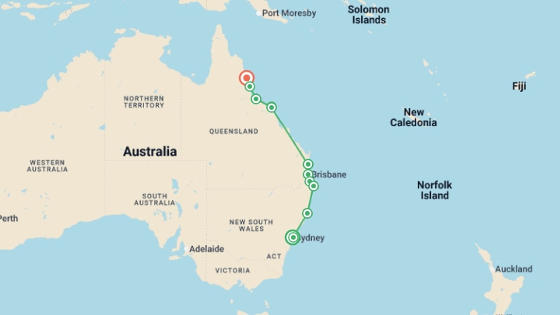 A map showing the tour itinerary for the trip: Real Australia, starting in Sydney and NSW, Australia and ending in Cairns, Australia going through 11 other destinations.