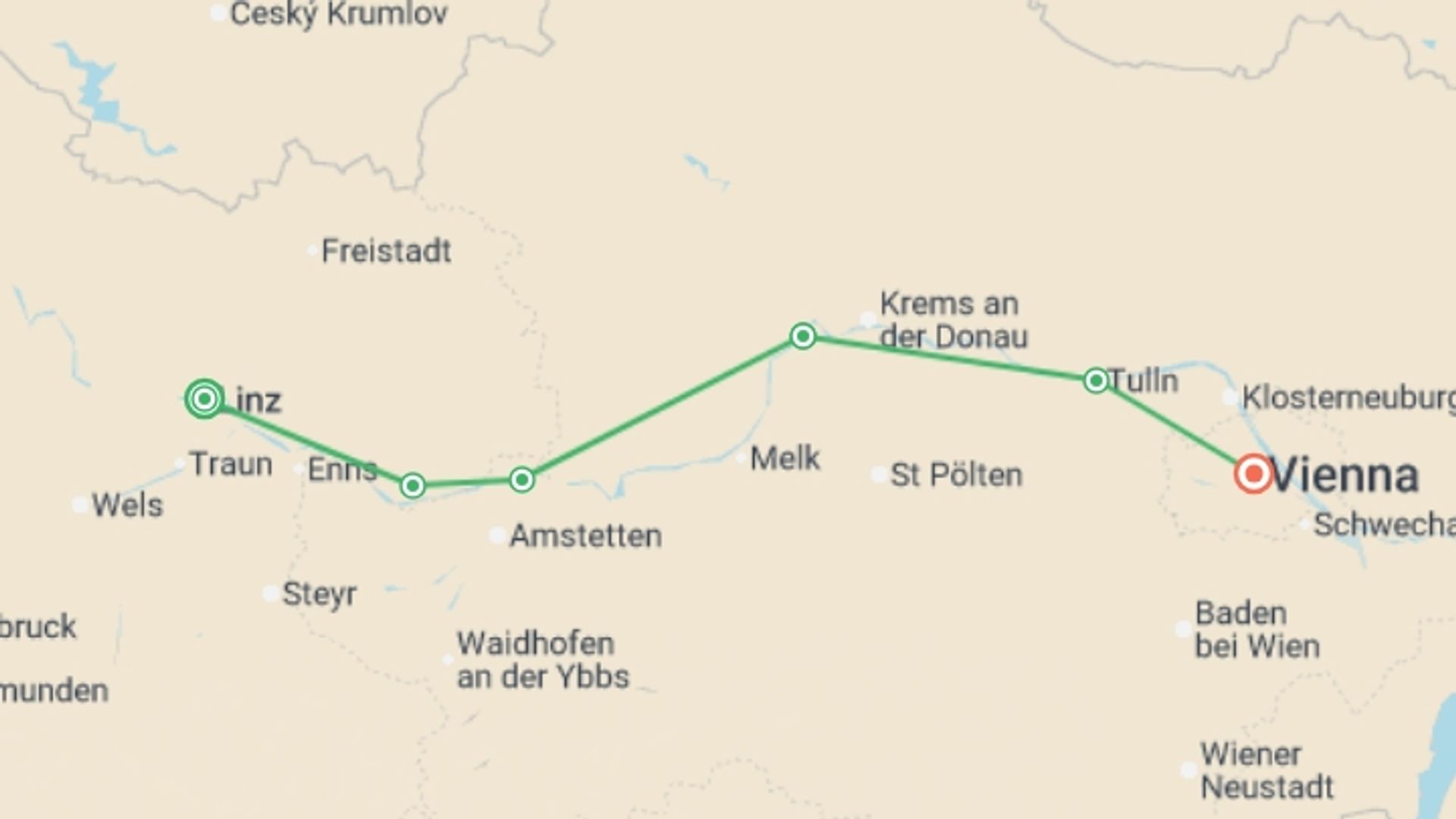 A map showing the tour itinerary for the trip: Danube Family Cycle Adventure, starting in Linz, Austria and ending in Vienna, Austria going through 4 other destinations.
