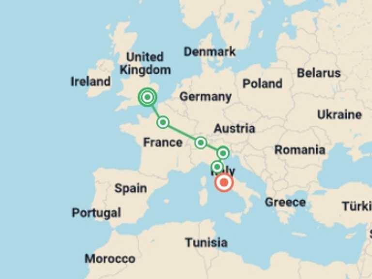 Map itinerary of Europe Tour in May 2026 with 6 destination visits for the trip: Treasures of Europe from London to Rome