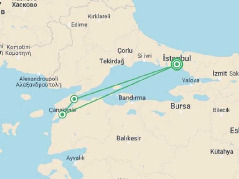 Map of Turkey Cruise Tour with 3 destination visits for the trip: Anzac Day Tour – 6 Days