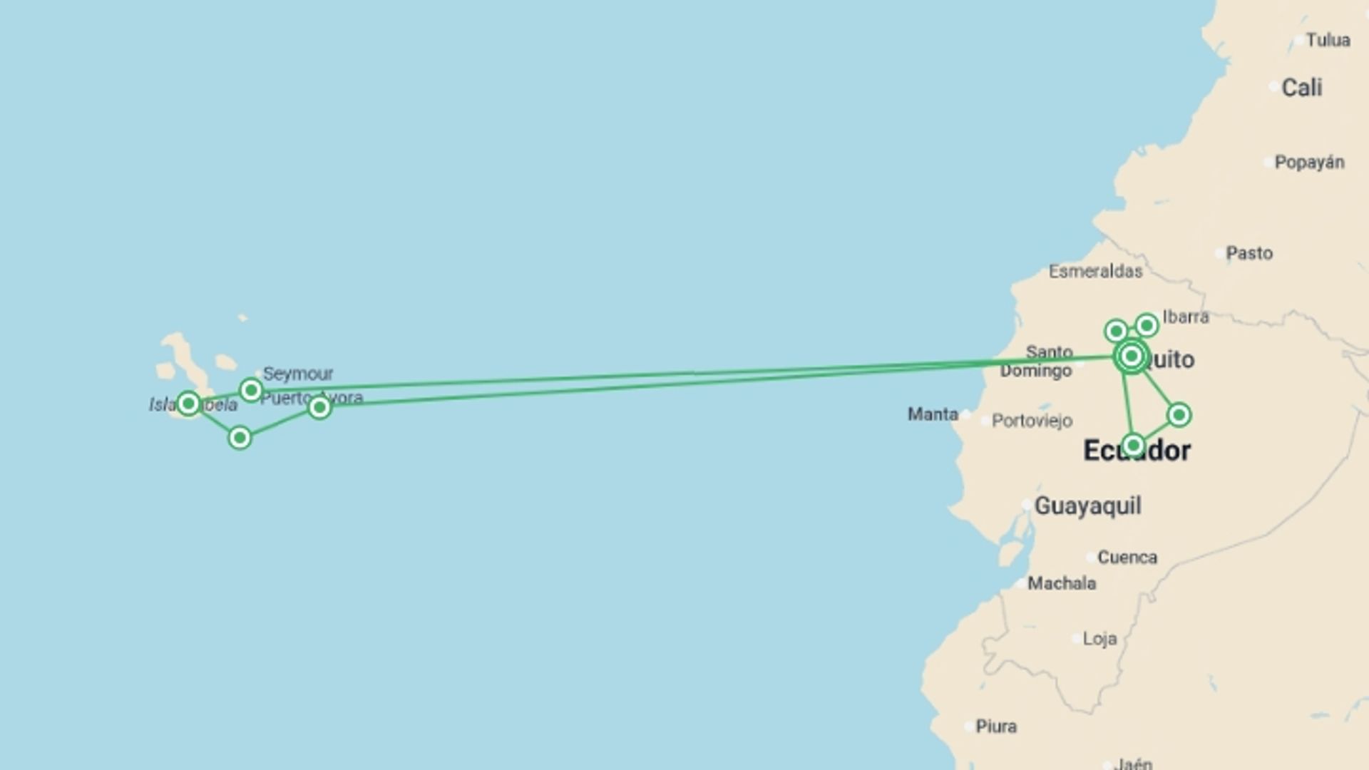 A map showing the tour itinerary for the trip: Ecuador Highlands & Galapagos, starting in Quito, Ecuador and ending in Quito, Ecuador going through 6 other destinations.