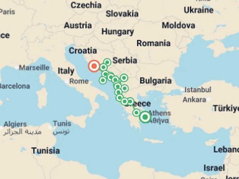 Map itinerary of Balkans Tour in August 2026 with 12 destination visits for the trip: Athens to the Adriatic - 14 days