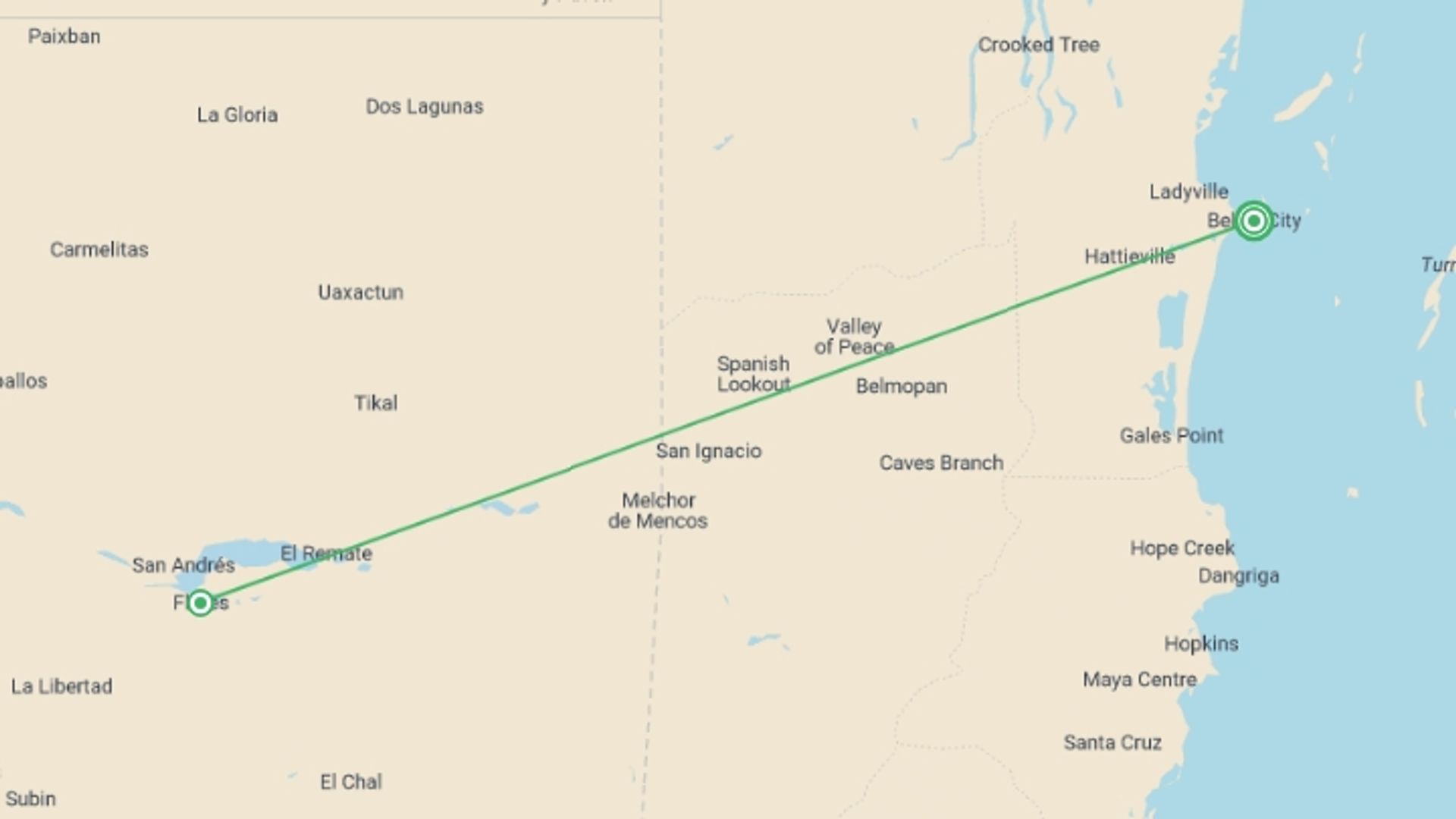 A map showing the tour itinerary for the trip: Tikal Guatemala And Belize Short Break, starting in Belize City, Belize and ending in Belize City, Belize going through 1 other destinations.