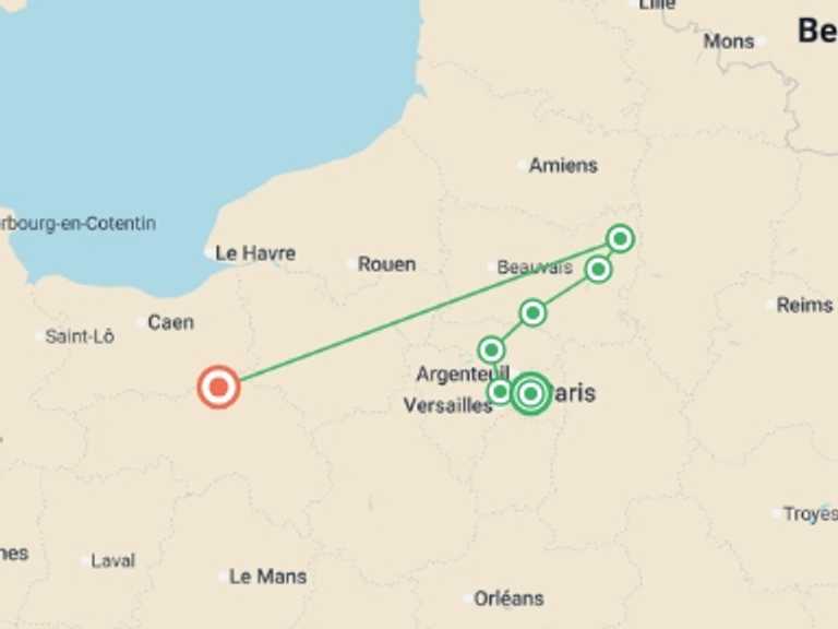 Map itinerary of Europe Tour in April 2027 with 7 destination visits for the trip: Historic Residences, Local Cuisine, and Hidden Gems in the Oise Valley (port-to-port cruise)