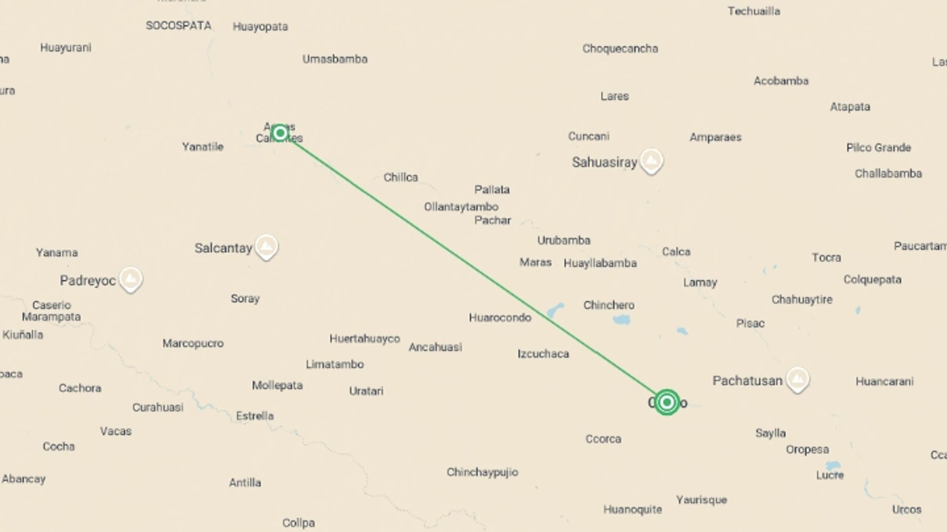 A map showing the tour itinerary for the trip: Cusco At A Glance, starting in Cusco, Peru and ending in Cusco, Peru going through 1 other destinations.