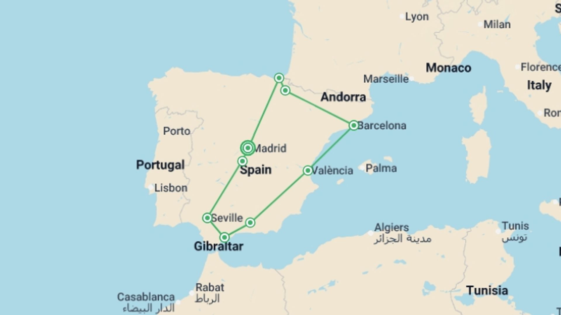 A map showing the tour itinerary for the trip: Best of Spain, starting in Madrid, Spain and ending in Madrid, Spain going through 9 other destinations.