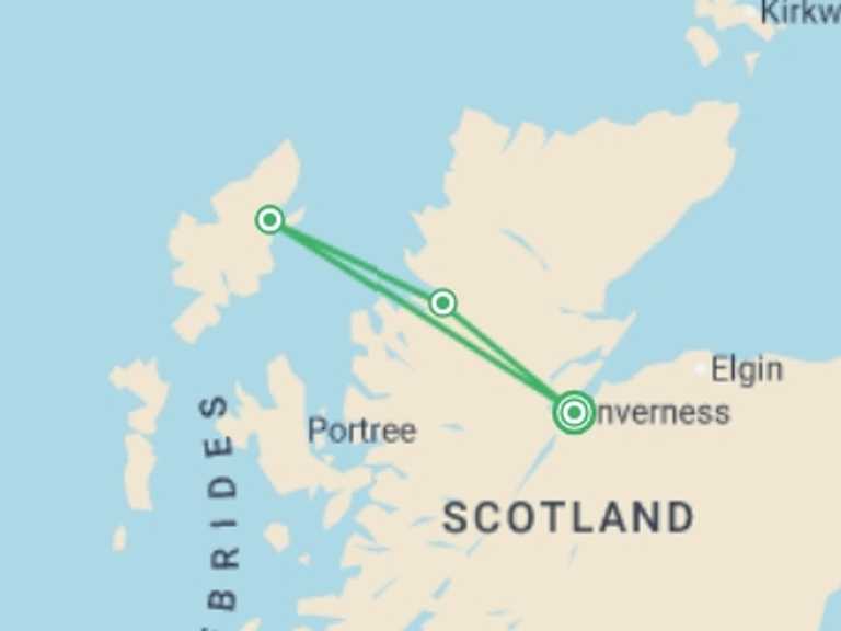 Map itinerary of Europe Tour in Fall with 2 destination visits for the trip: Inverness to the Outer Hebrides (Hotel) - 3 days